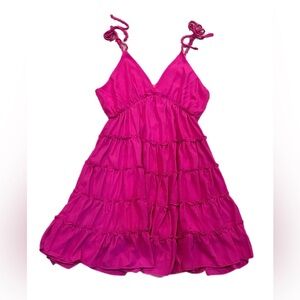Babydoll boutique hot pink V neck tiered ruffle spaghetti tie strap dress size M